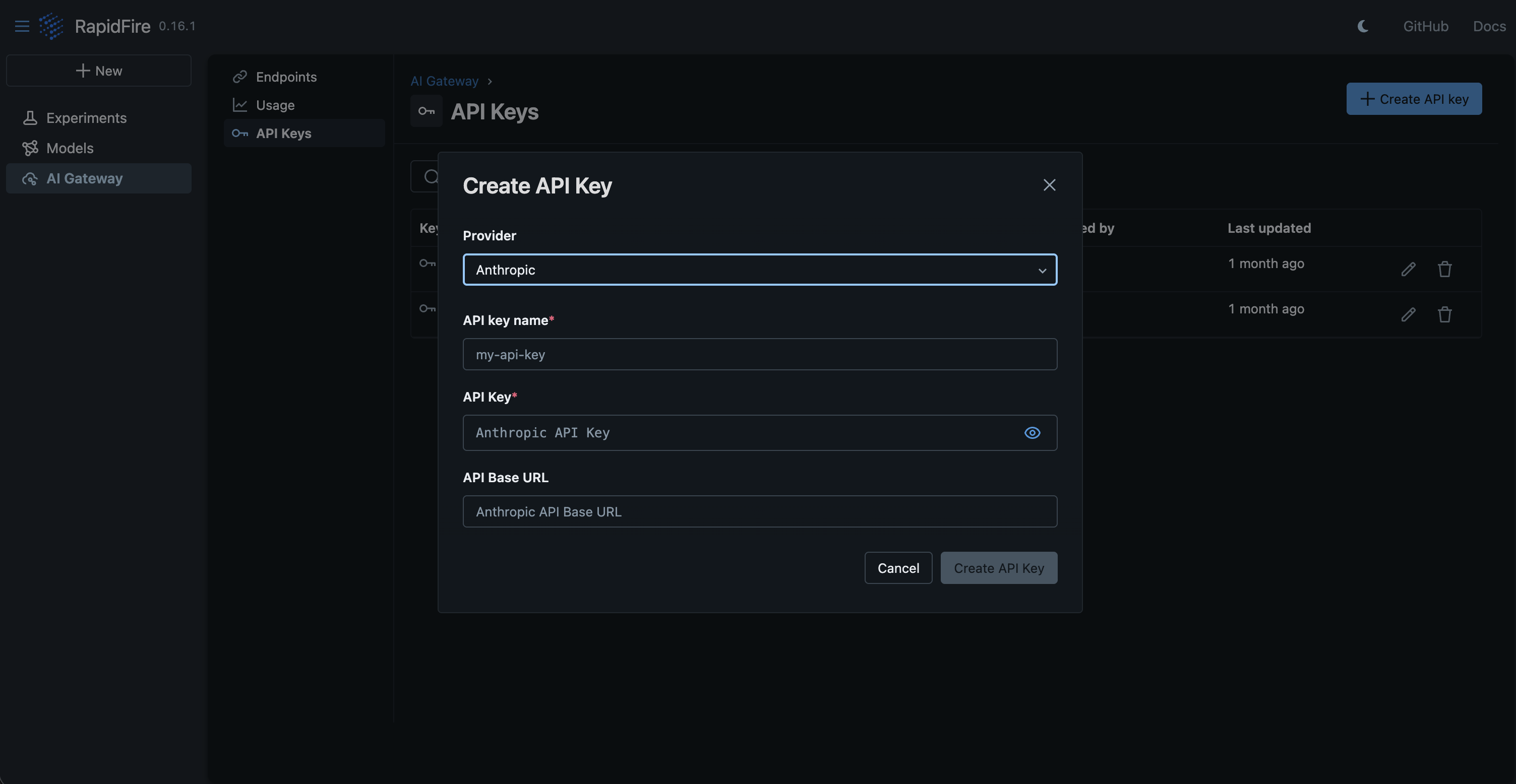 AI Gateway Create API Key dialog