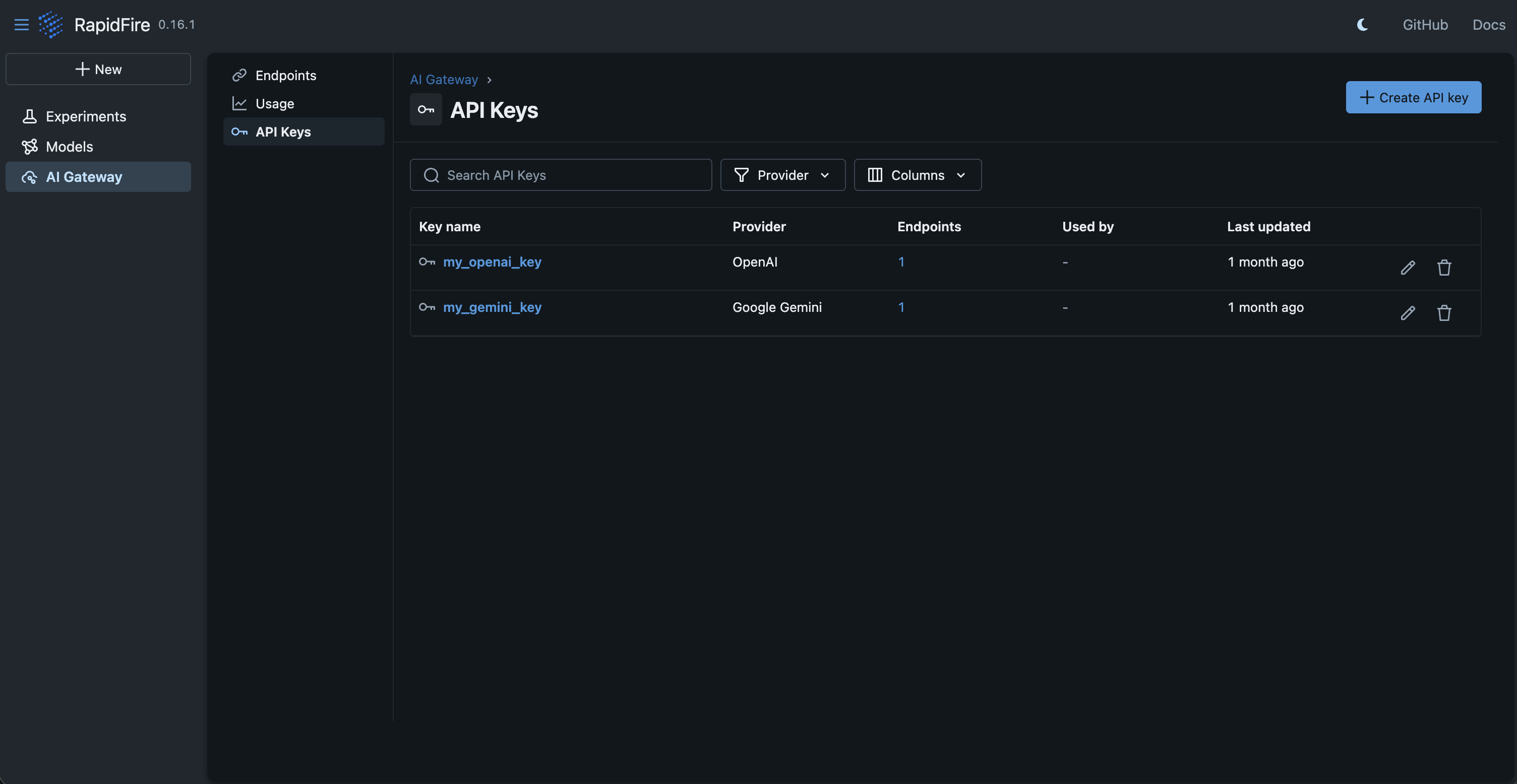 AI Gateway API Keys list