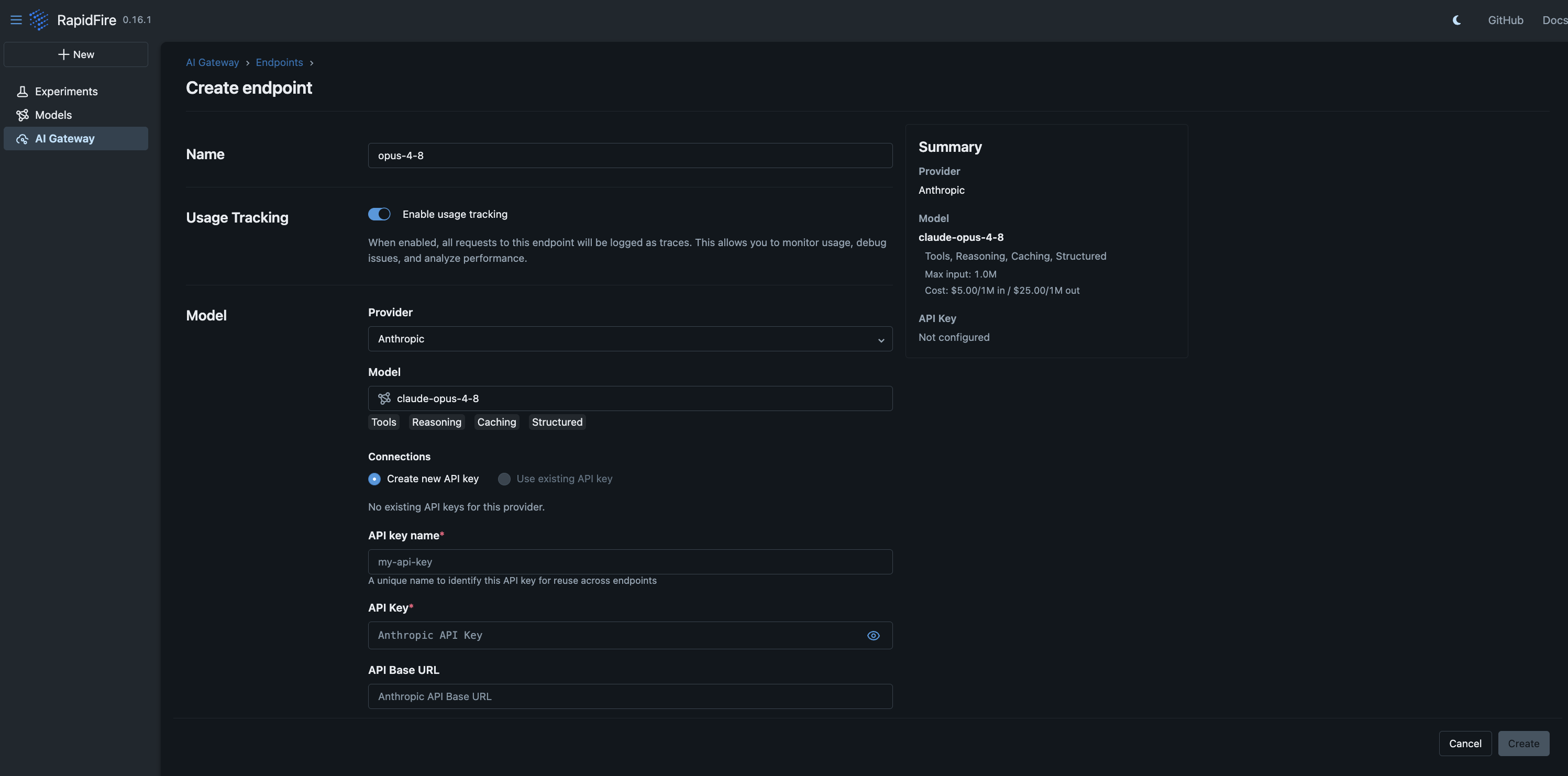 AI Gateway Create endpoint form