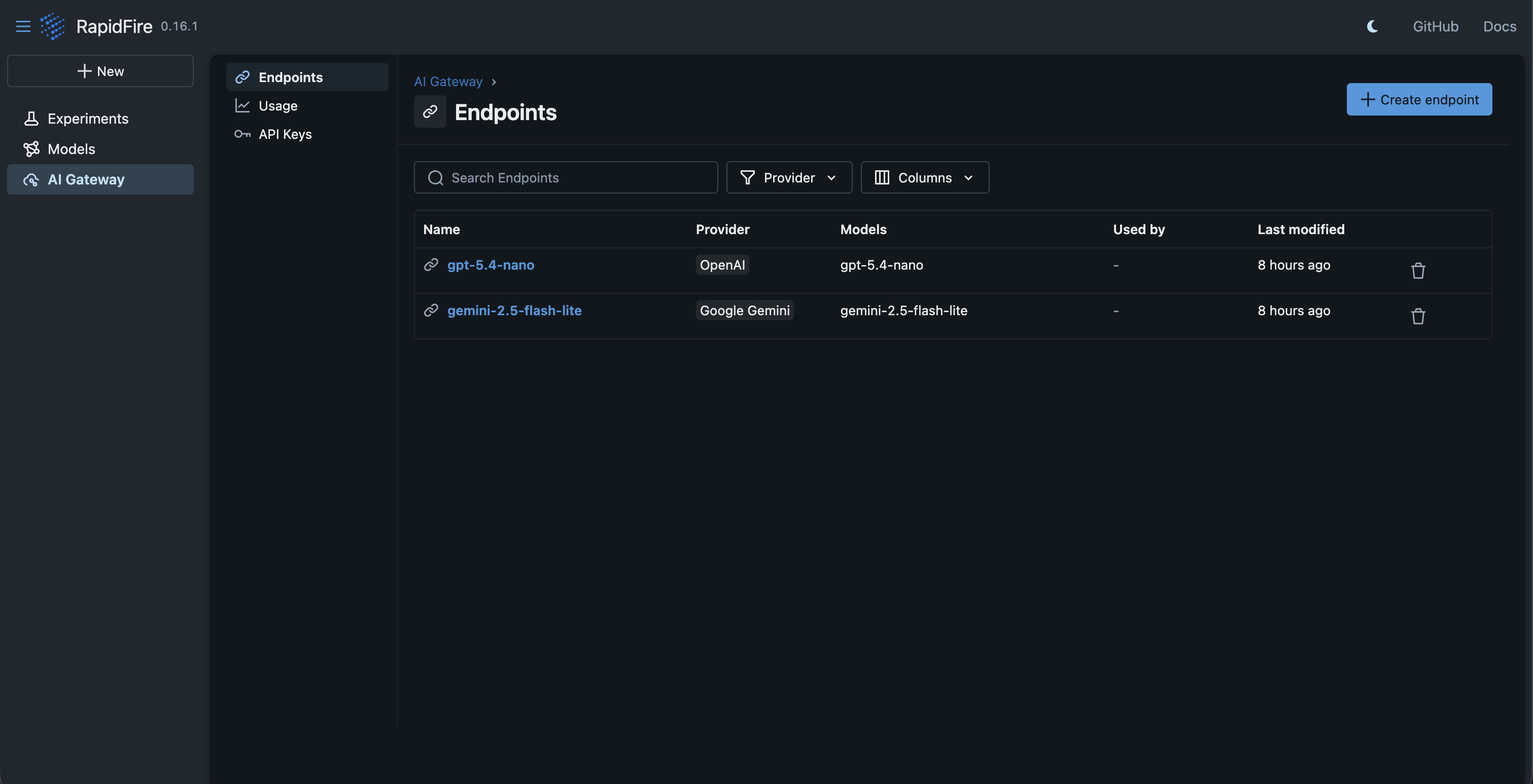 AI Gateway Endpoints list