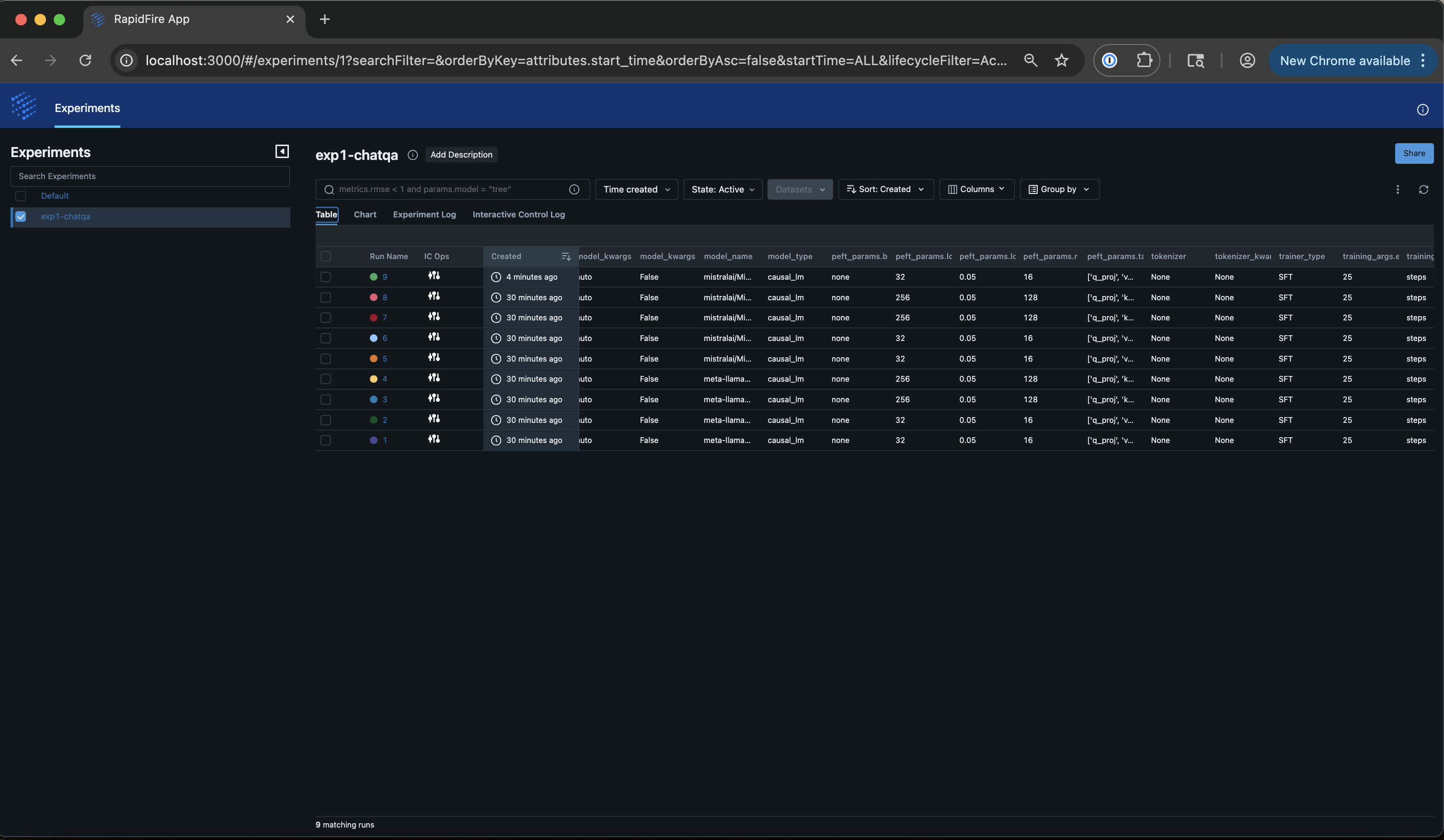 Table view of runs metadata