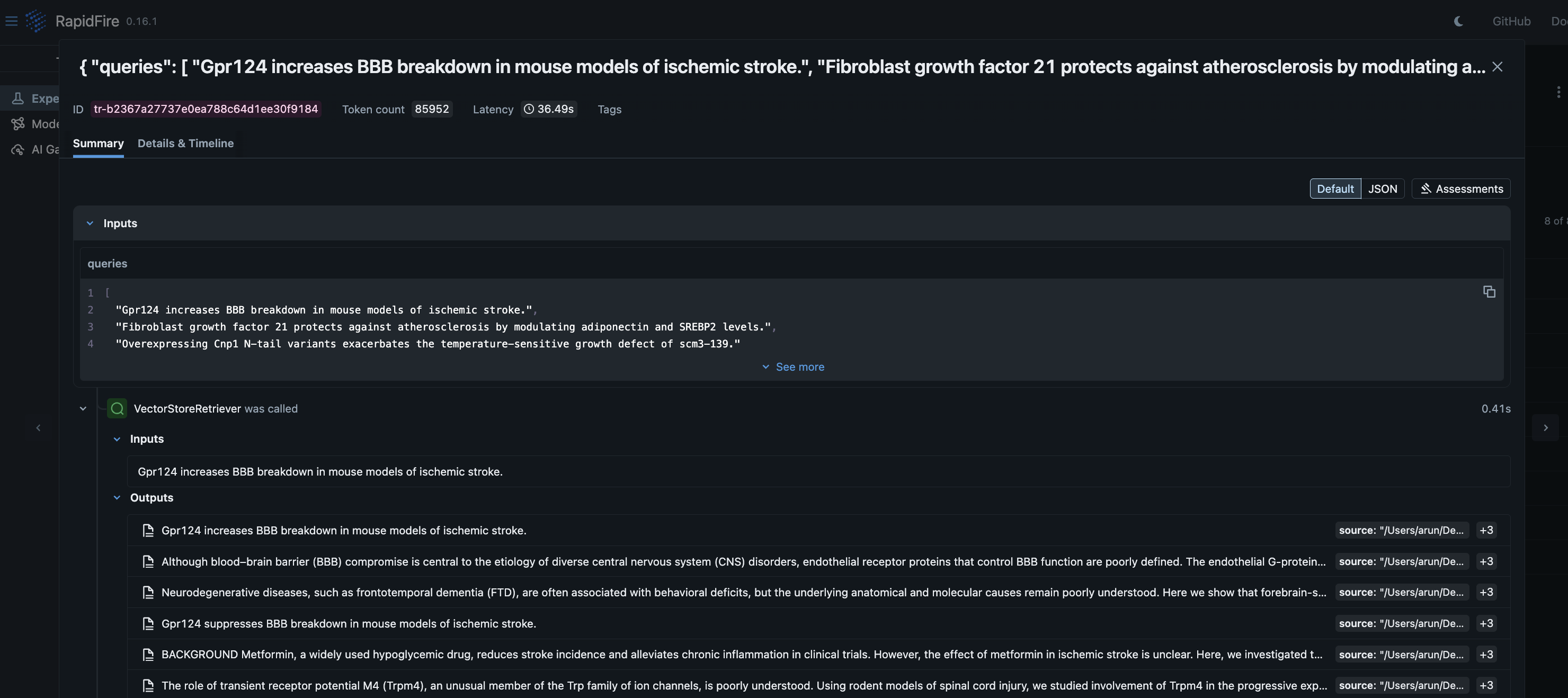 Trace Summary view with retriever inputs and outputs