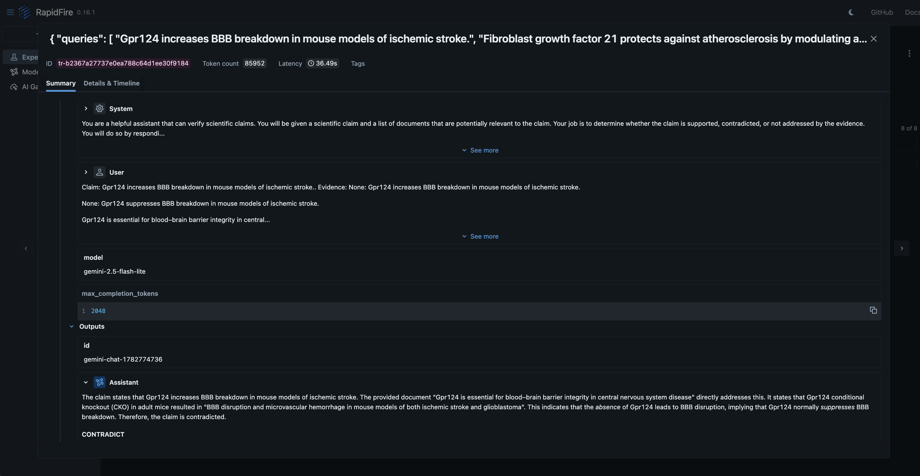 Trace Summary view with system/user prompt, model, and assistant output
